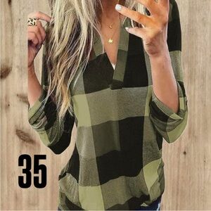 DOKOTOO Green Plaid V-Neck Pullover Blouse 2X NWT #35